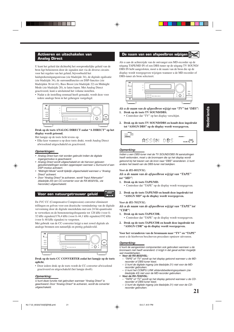 Nederlands, Activeren en uitschakelen van analog direct, Voor een natuurgetrouwer geluid | De naam van een afspeelbron wijzigen | JVC RX-8032VSL User Manual | Page 128 / 160