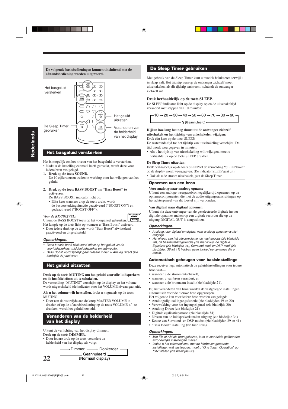 Nederlands, Het basgeluid versterken, Het geluid uitzetten | Veranderen van de helderheid van het display, De sleep timer gebruiken | JVC RX-8032VSL User Manual | Page 129 / 160