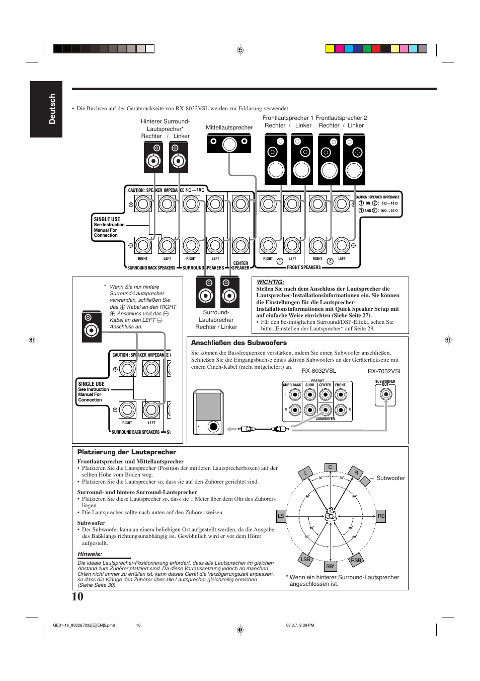 Deutsch, Platzierung der lautsprecher, Anschließen des subwoofers | JVC RX-8032VSL User Manual | Page 13 / 160