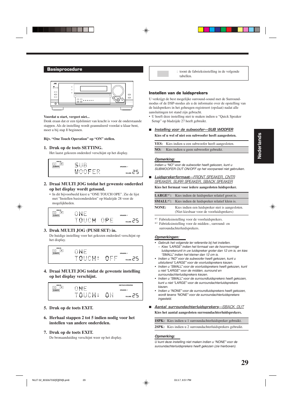 Nederlands, Basisprocedure, Druk op de toets setting | Druk multi jog (push set) in, Instellen van de luidsprekers | JVC RX-8032VSL User Manual | Page 136 / 160