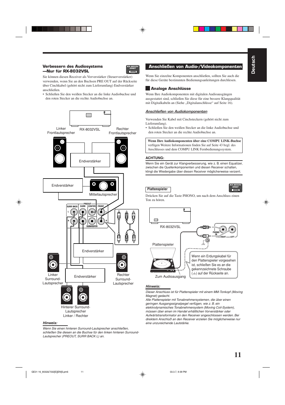 Deutsch, Anschließen von audio-/videokomponenten | JVC RX-8032VSL User Manual | Page 14 / 160