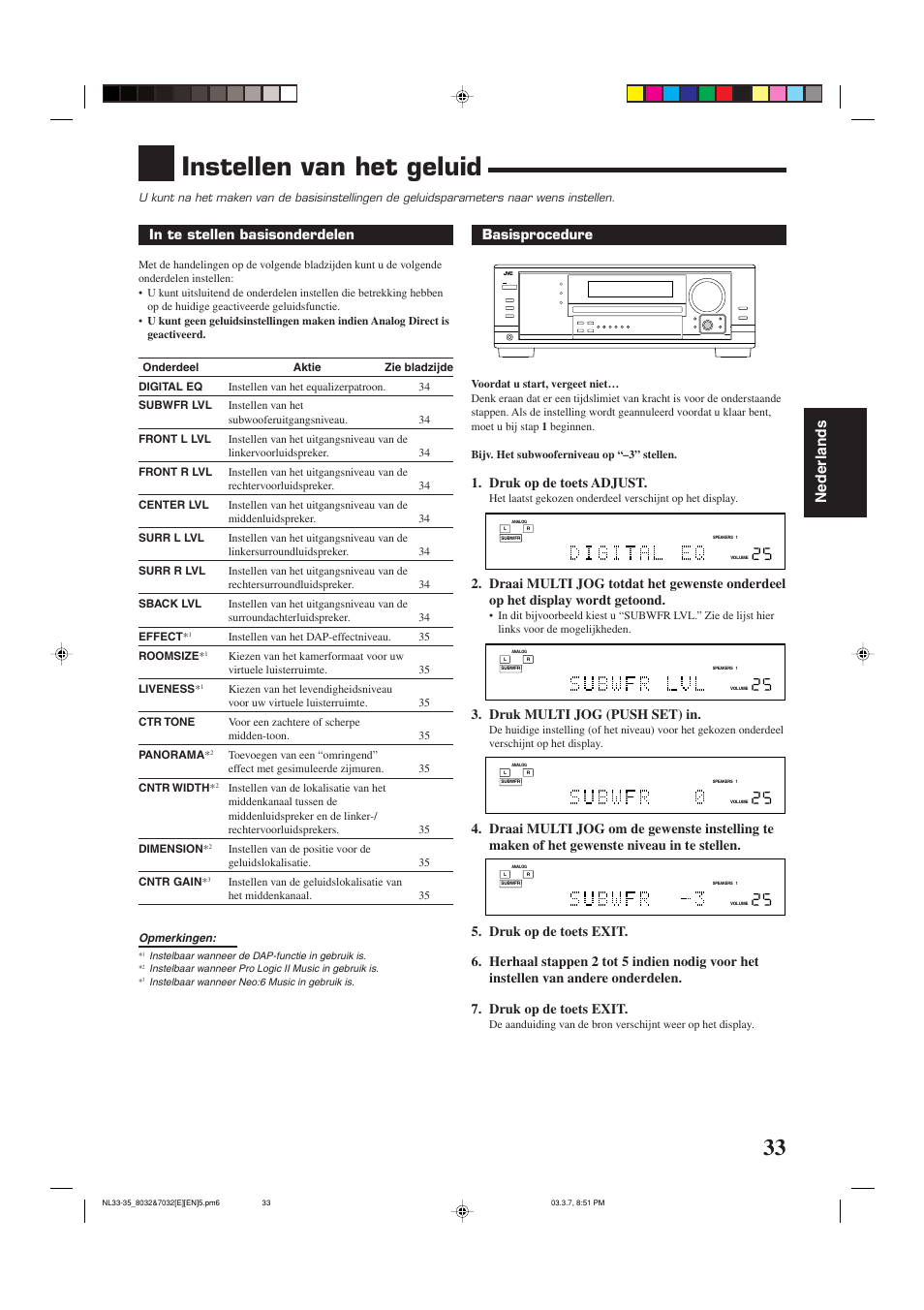 Instellen van het geluid, Nederlands, Basisprocedure | Druk op de toets adjust, Druk multi jog (push set) in | JVC RX-8032VSL User Manual | Page 140 / 160
