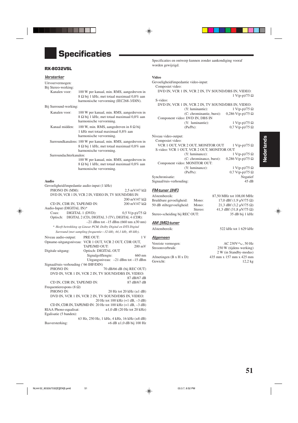 Specificaties, Nederlands | JVC RX-8032VSL User Manual | Page 158 / 160
