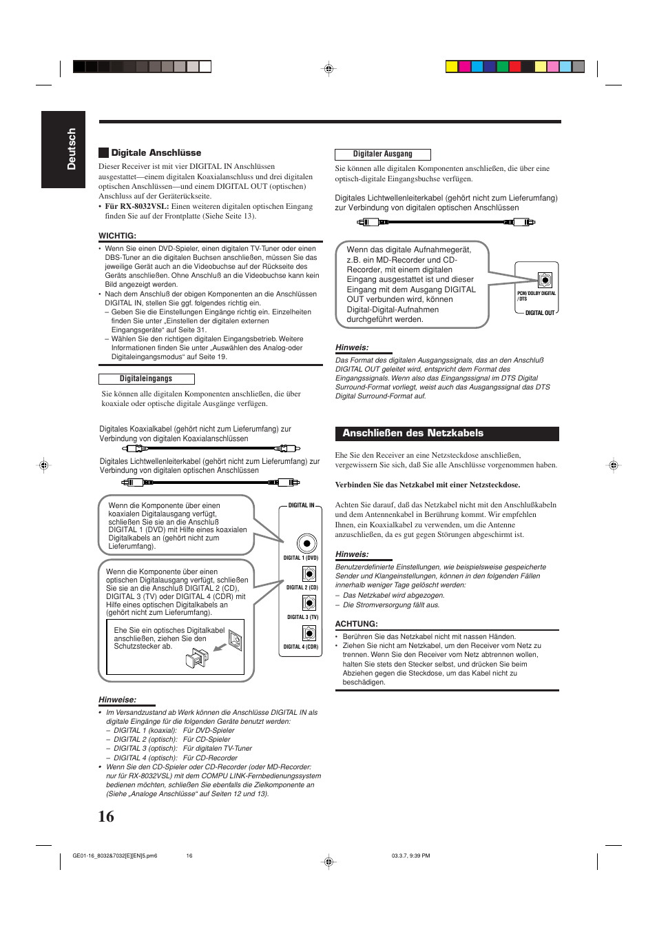 Deutsch, Anschließen des netzkabels | JVC RX-8032VSL User Manual | Page 19 / 160