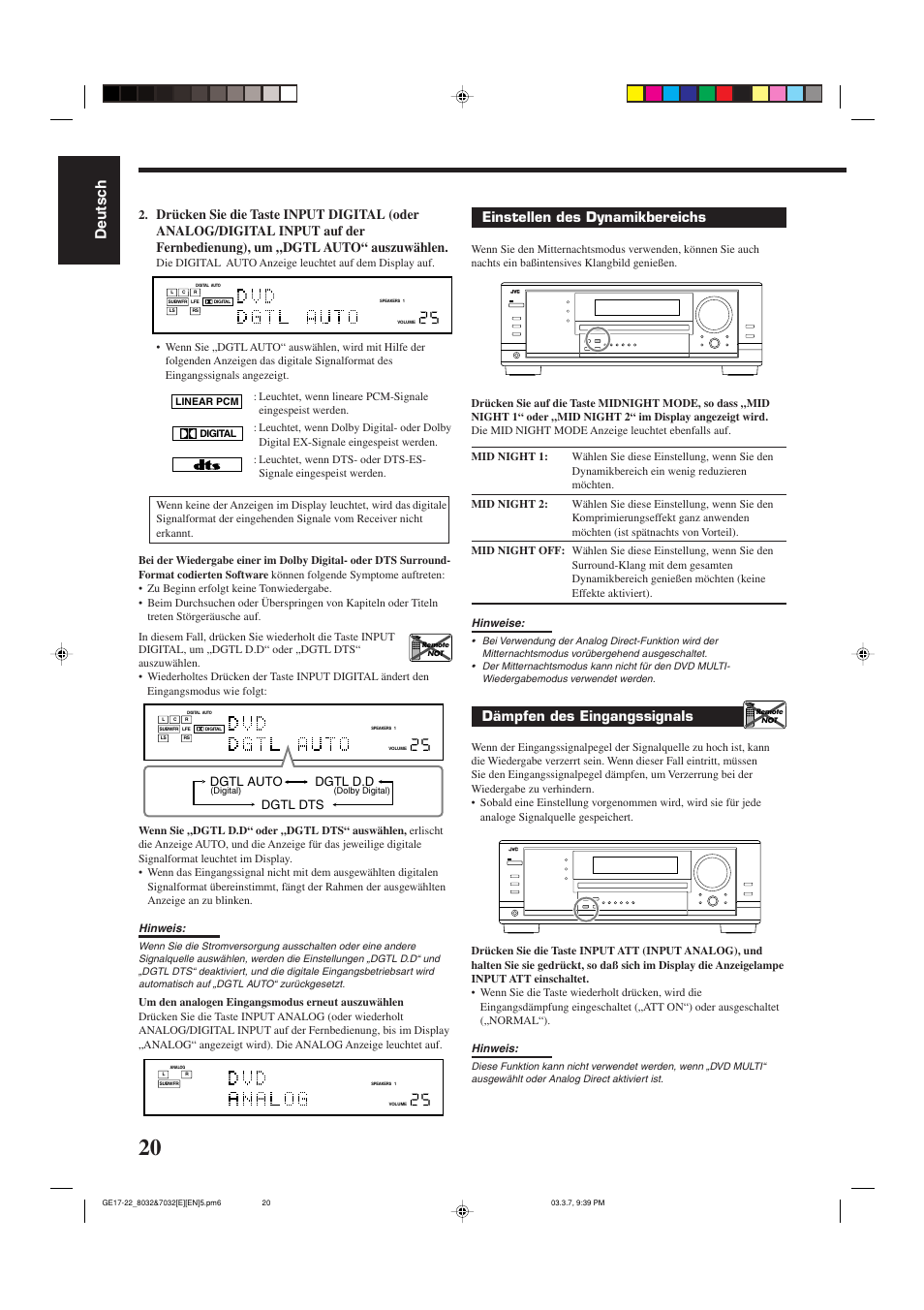 Deutsch, Einstellen des dynamikbereichs, Dämpfen des eingangssignals | Dgtl auto dgtl d.d dgtl dts | JVC RX-8032VSL User Manual | Page 23 / 160