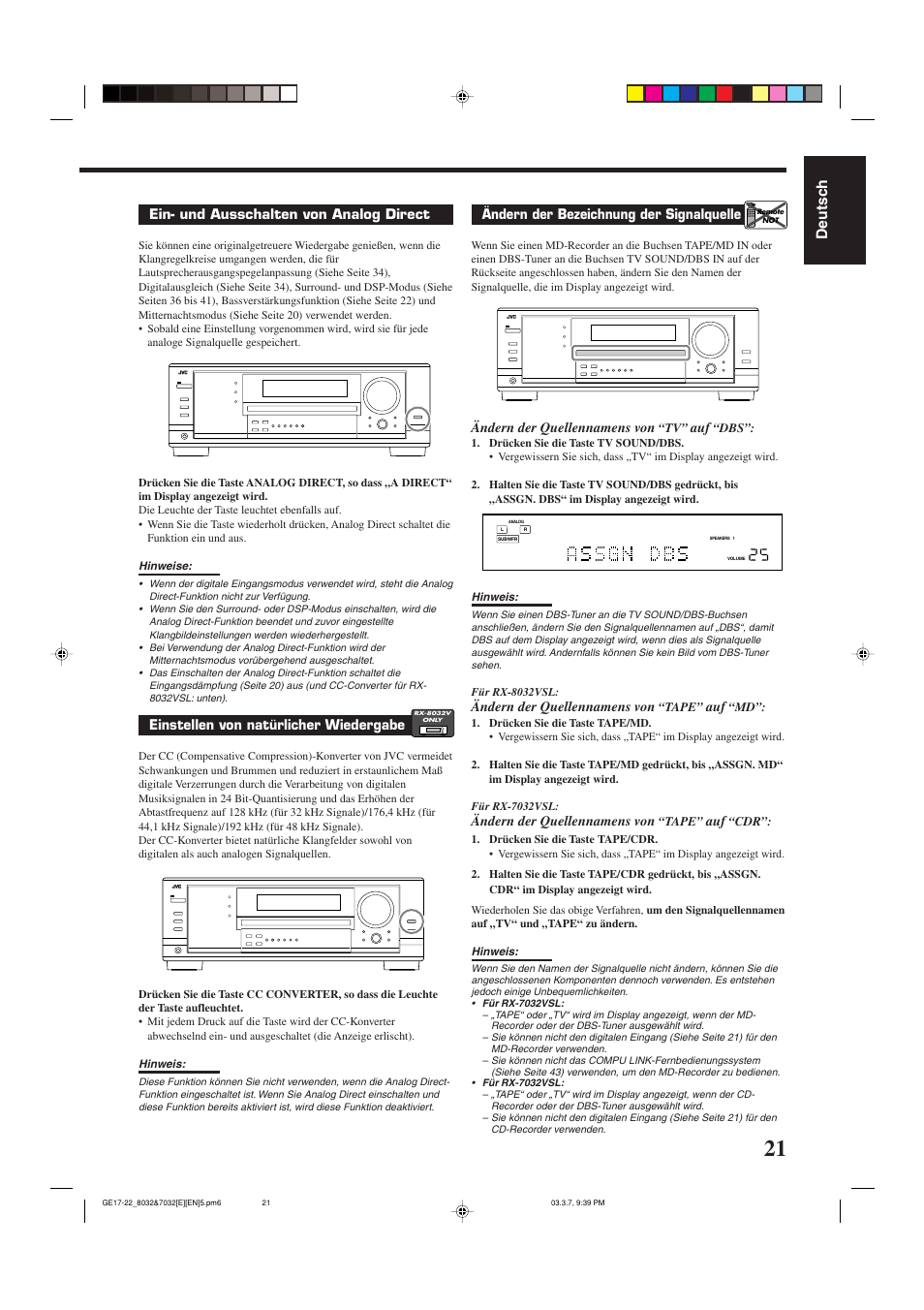 Deutsch, Ein- und ausschalten von analog direct, Einstellen von natürlicher wiedergabe | Ändern der bezeichnung der signalquelle, Ändern der quellennamens von | JVC RX-8032VSL User Manual | Page 24 / 160