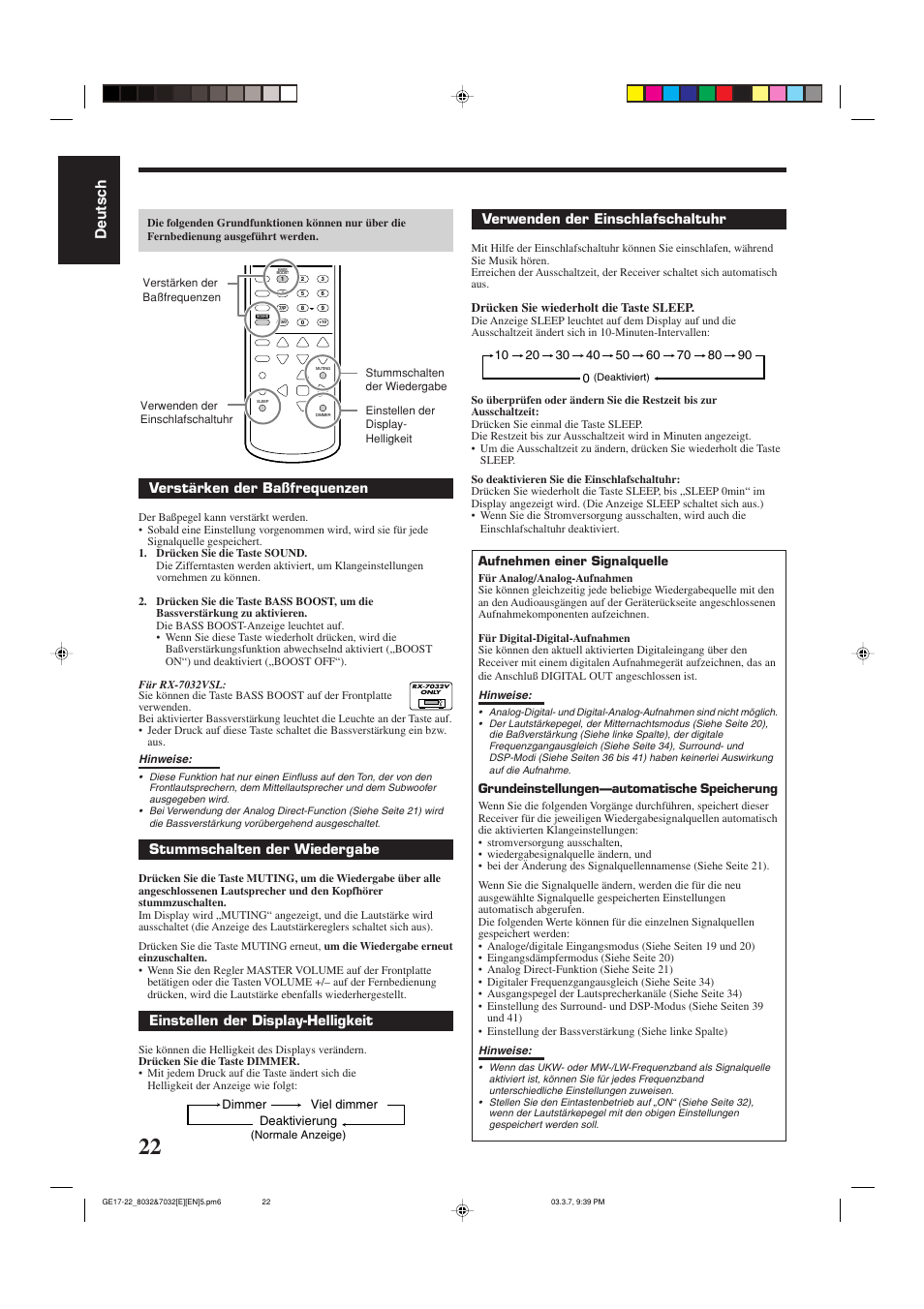 Deutsch, Verstärken der baßfrequenzen, Stummschalten der wiedergabe | Einstellen der display-helligkeit, Verwenden der einschlafschaltuhr | JVC RX-8032VSL User Manual | Page 25 / 160