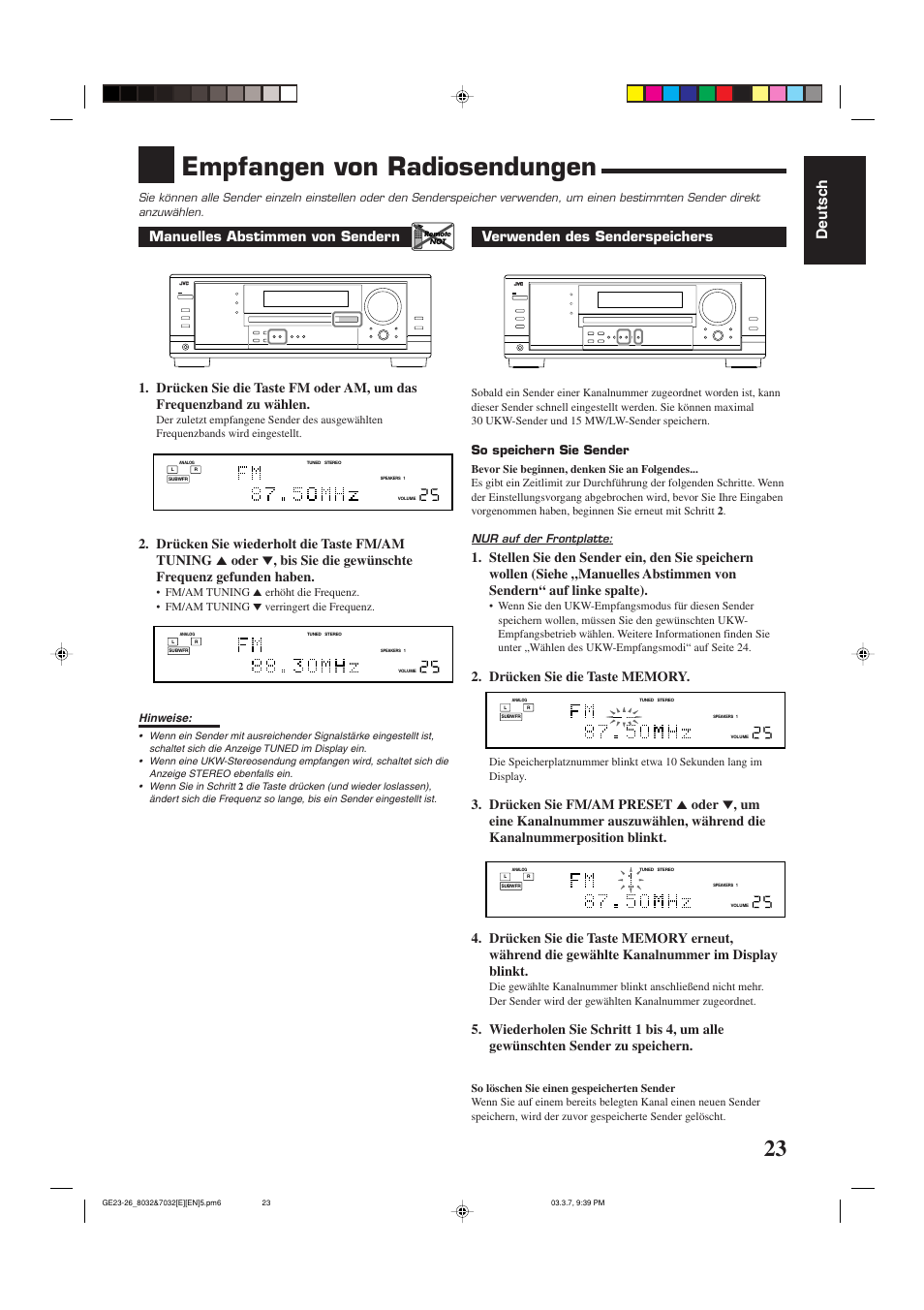 Empfangen von radiosendungen, Deutsch, Verwenden des senderspeichers | So speichern sie sender | JVC RX-8032VSL User Manual | Page 26 / 160