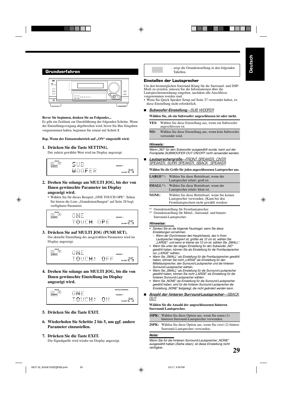 Deutsch, Grundverfahren, Drücken sie die taste setting | Drücken sie auf multi jog (push set), Einstellen der lautsprecher | JVC RX-8032VSL User Manual | Page 32 / 160