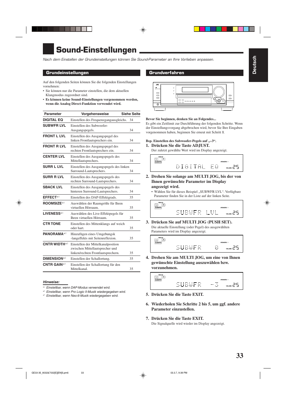 Sound-einstellungen, Deutsch, Grundverfahren | Drücken sie die taste adjust, Drücken sie auf multi jog (push set), Grundeinstellungen | JVC RX-8032VSL User Manual | Page 36 / 160