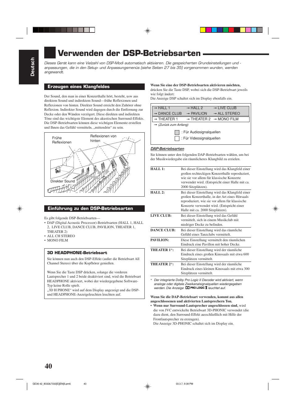 Verwenden der dsp-betriebsarten, Deutsch | JVC RX-8032VSL User Manual | Page 43 / 160