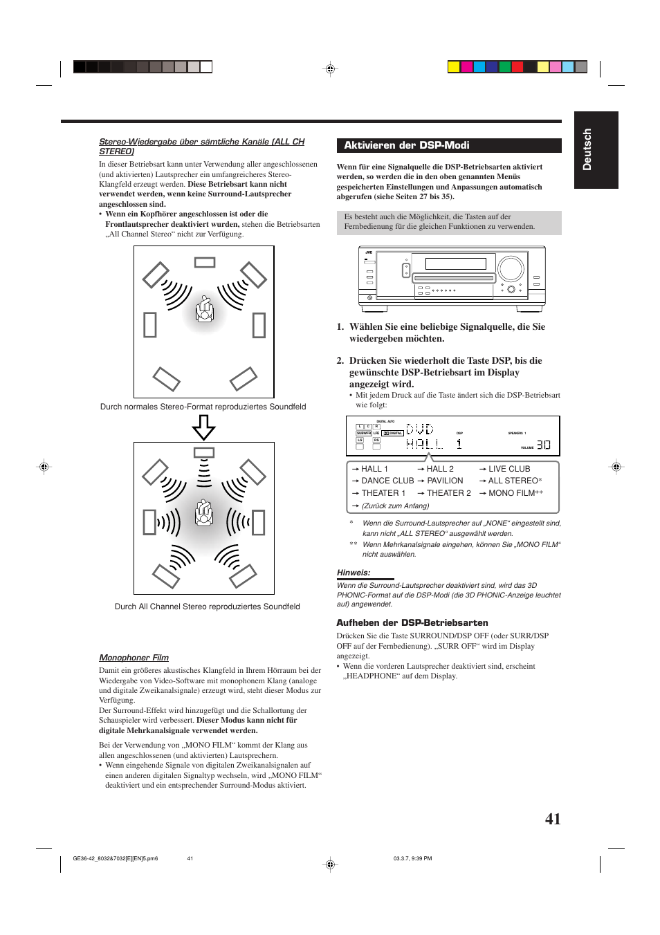 Deutsch, Aktivieren der dsp-modi | JVC RX-8032VSL User Manual | Page 44 / 160