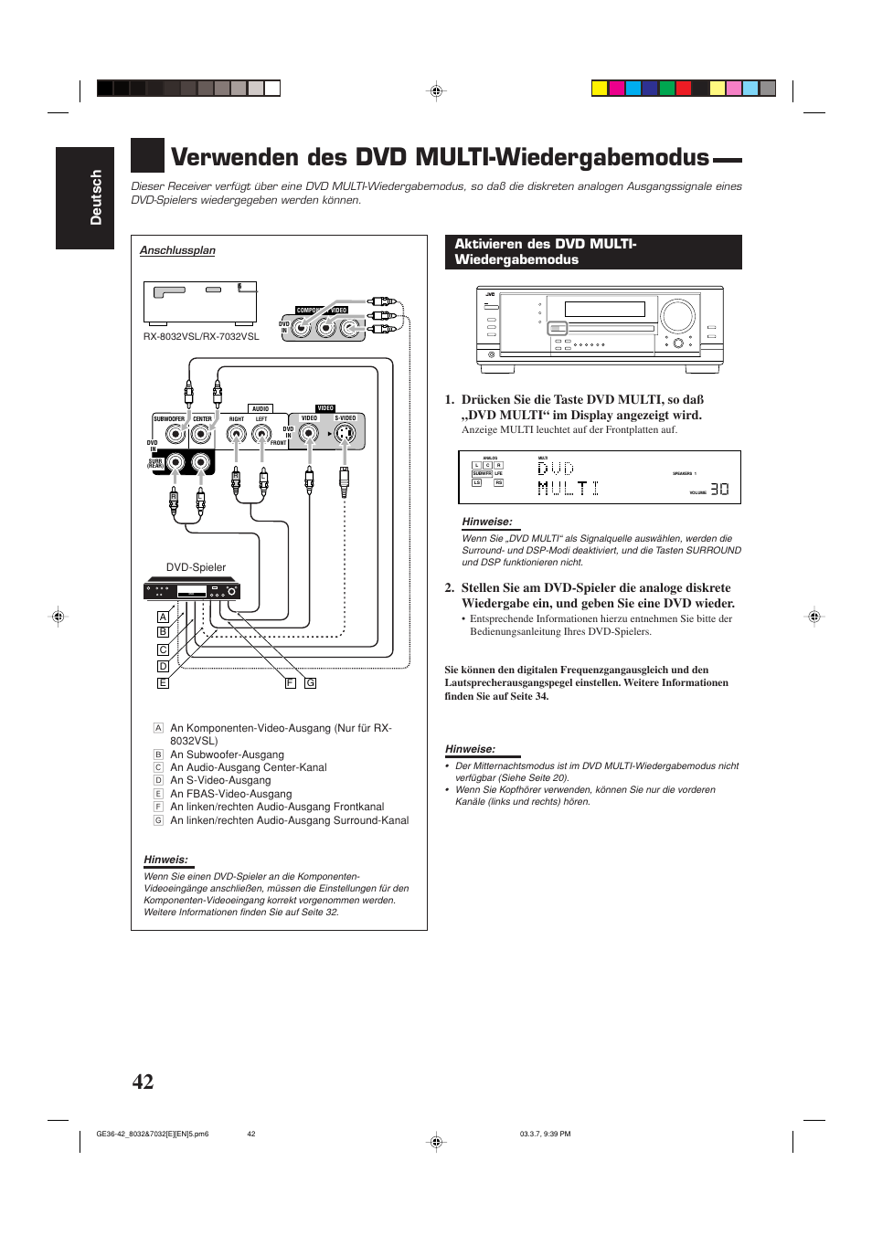 Verwenden des dvd multi-wiedergabemodus, Deutsch | JVC RX-8032VSL User Manual | Page 45 / 160