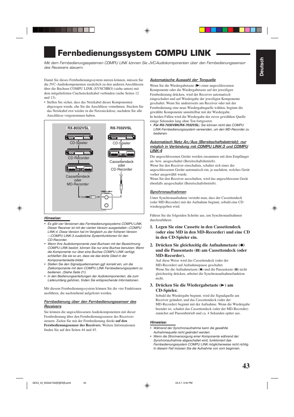 Fernbedienungssystem compu link, Deutsch | JVC RX-8032VSL User Manual | Page 46 / 160