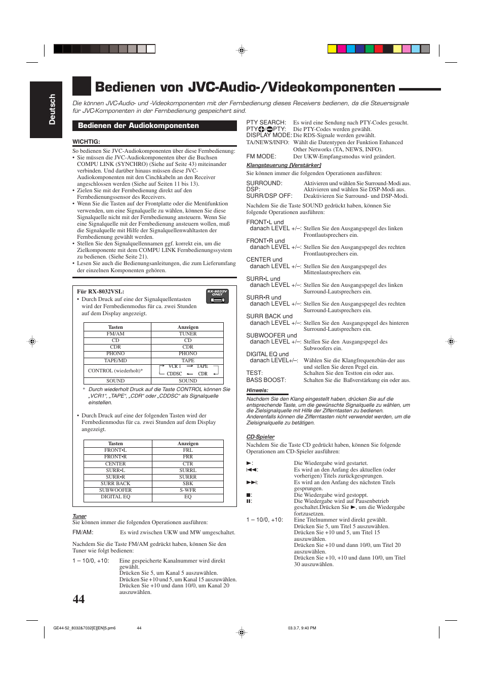 Bedienen von jvc-audio-/videokomponenten, Deutsch | JVC RX-8032VSL User Manual | Page 47 / 160