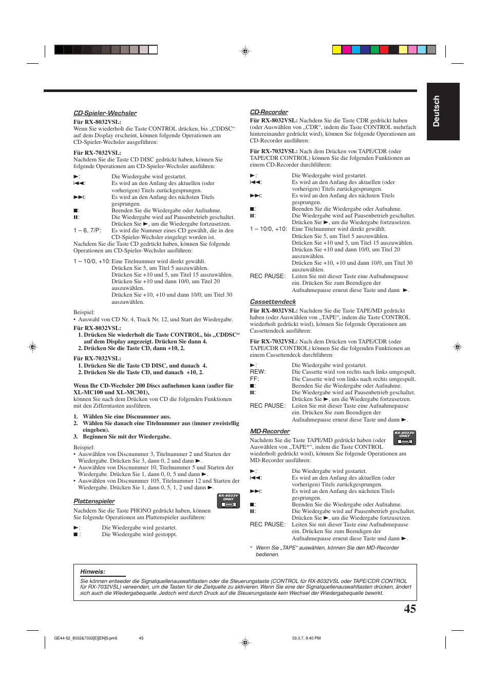 Deutsch | JVC RX-8032VSL User Manual | Page 48 / 160