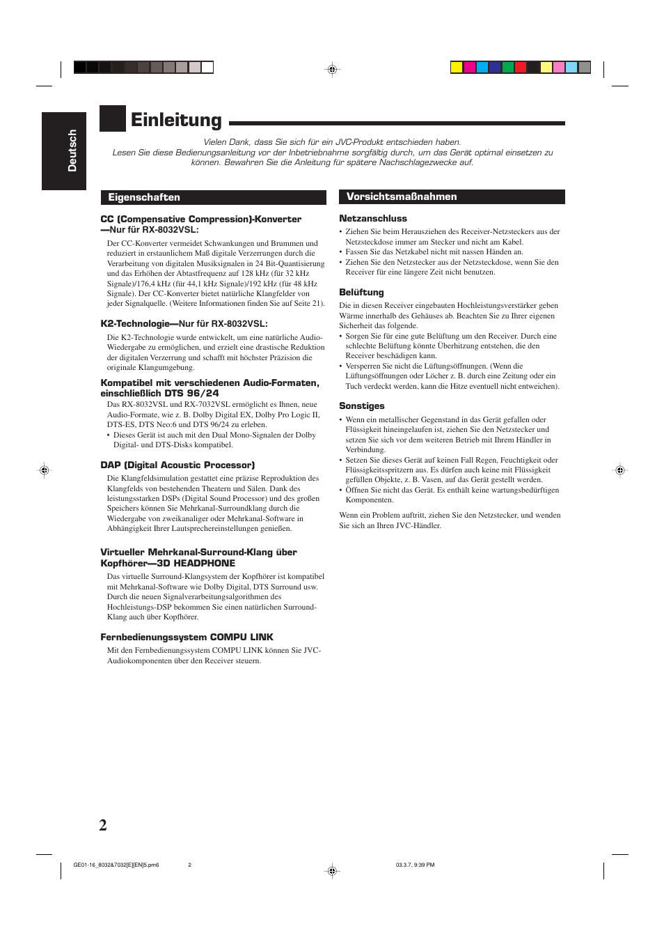 Einleitung | JVC RX-8032VSL User Manual | Page 5 / 160