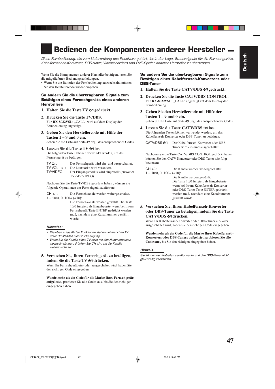Bedienen der komponenten anderer hersteller | JVC RX-8032VSL User Manual | Page 50 / 160