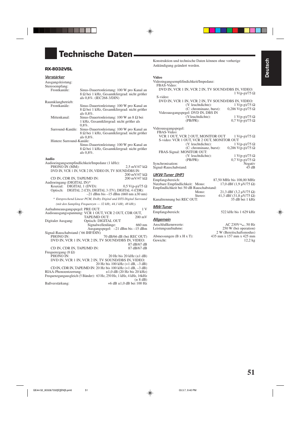Technische daten, Deutsch | JVC RX-8032VSL User Manual | Page 54 / 160