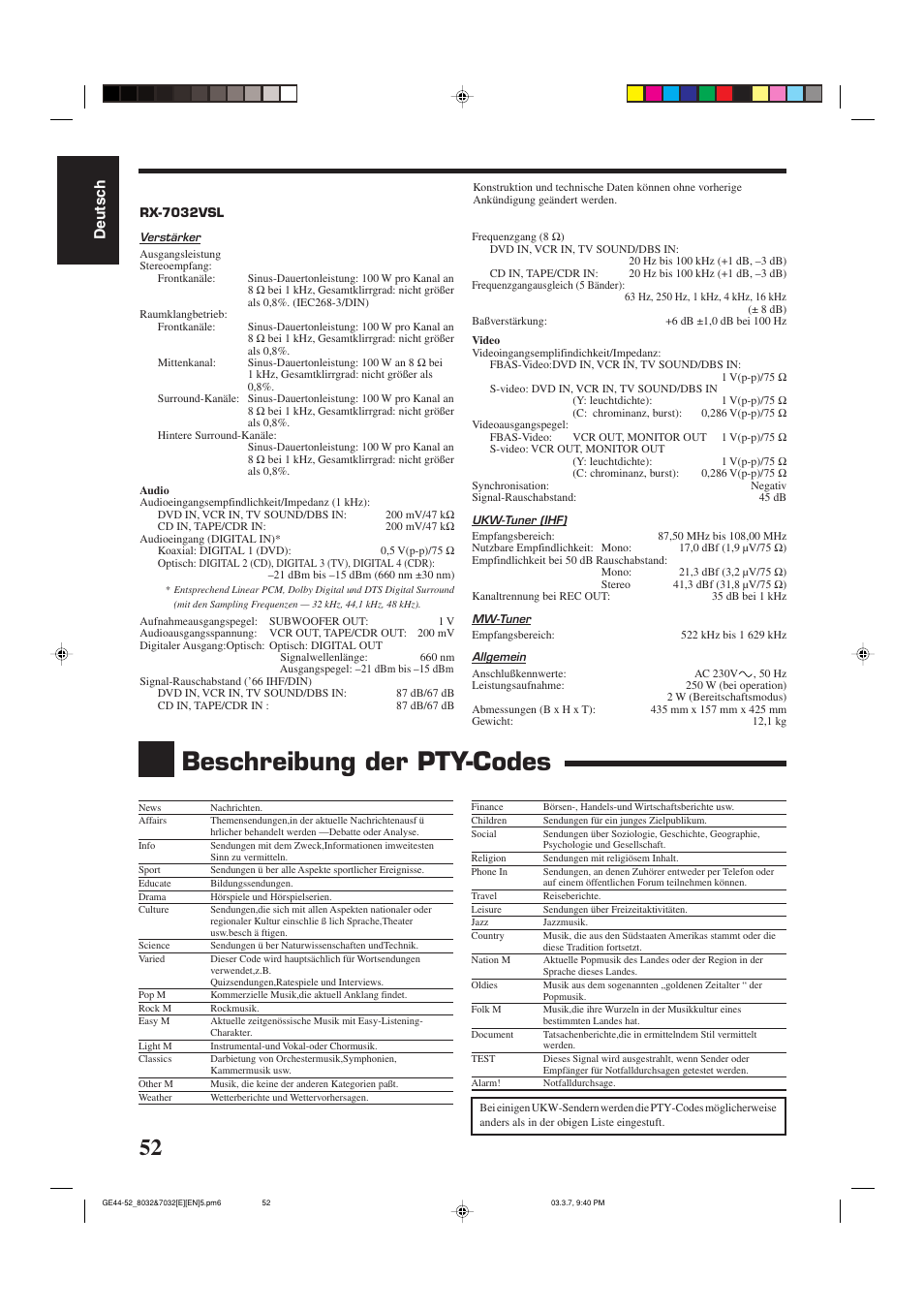 Beschreibung der pty-codes, Deutsch | JVC RX-8032VSL User Manual | Page 55 / 160