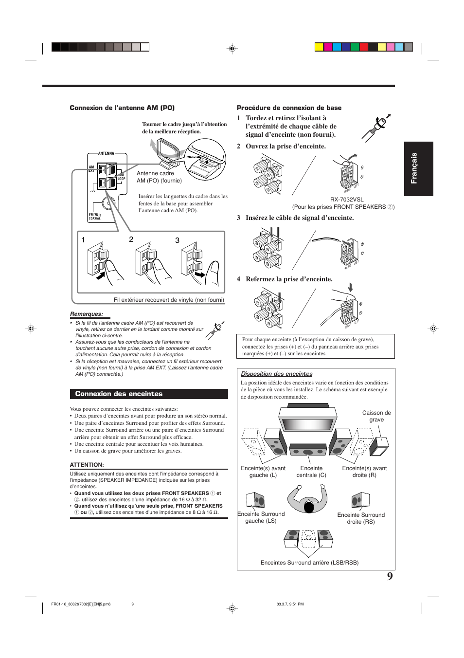 Fran ç ais, Connexion des enceintes | JVC RX-8032VSL User Manual | Page 64 / 160
