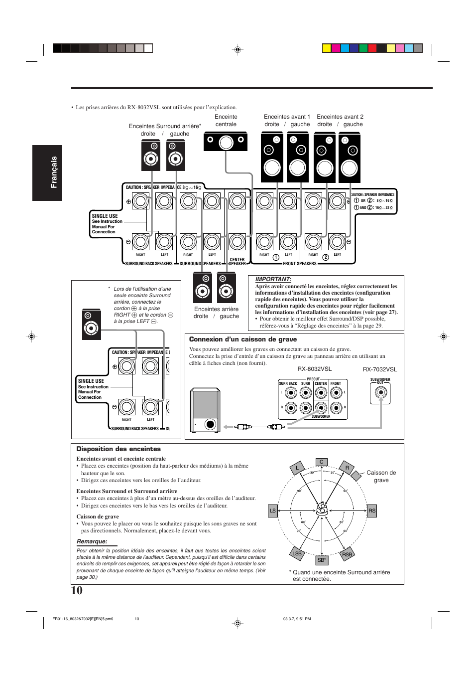 Fran ç ais, Disposition des enceintes, Connexion d’un caisson de grave | JVC RX-8032VSL User Manual | Page 65 / 160