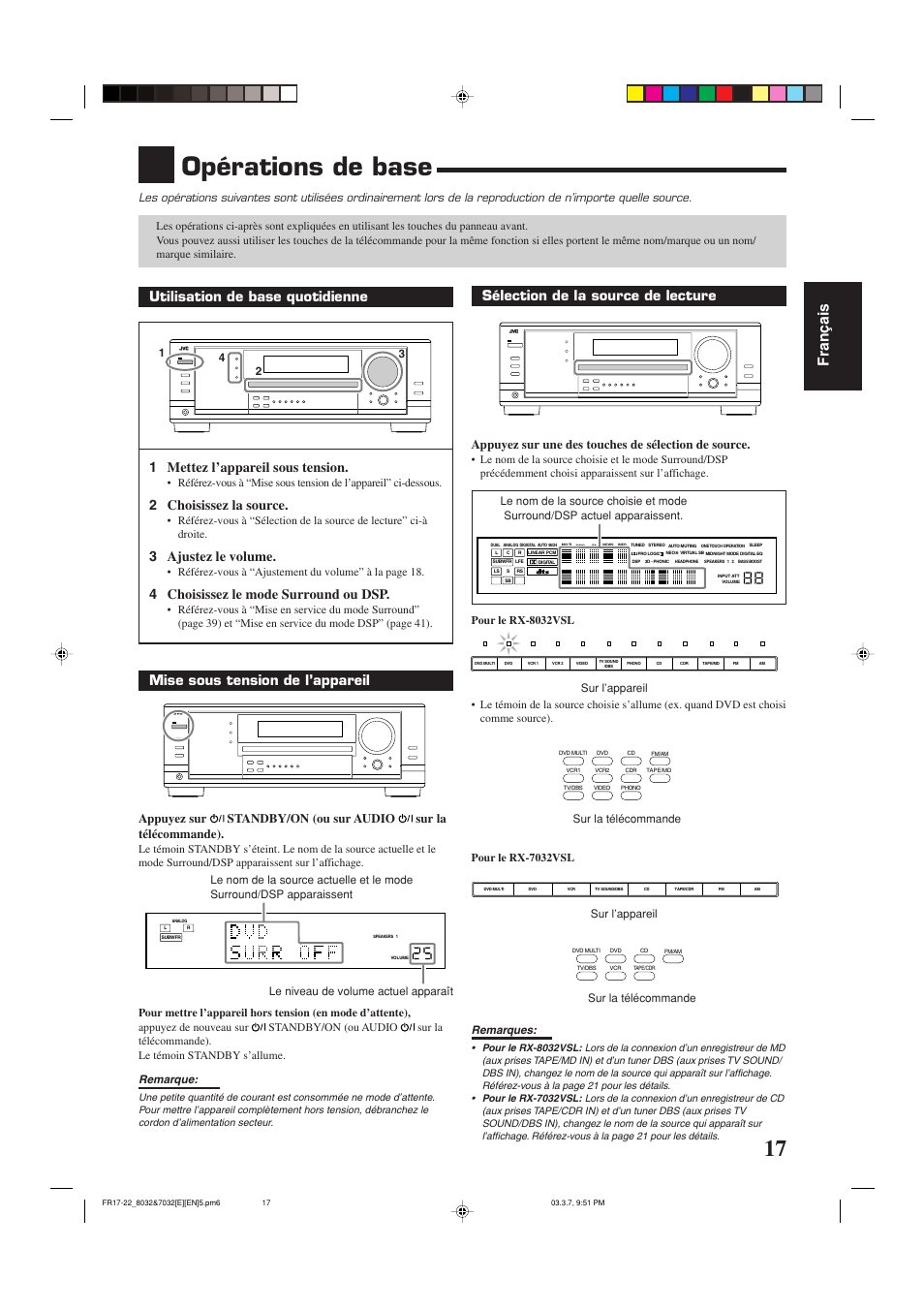 Opérations de base, Fran ç ais, Sélection de la source de lecture | 2 choisissez la source, 3 ajustez le volume, 4 choisissez le mode surround ou dsp, Mise sous tension de l’appareil, Appuyez sur une des touches de sélection de source, Remarques, Remarque | JVC RX-8032VSL User Manual | Page 72 / 160
