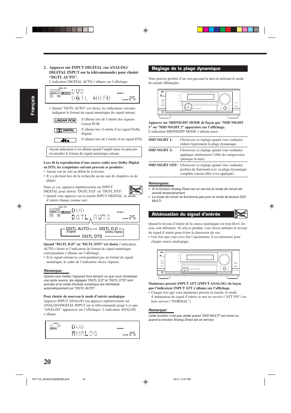 Fran ç ais, Réglage de la plage dynamique, Atténuation du signal d’entrée | Dgtl auto dgtl d.d dgtl dts | JVC RX-8032VSL User Manual | Page 75 / 160