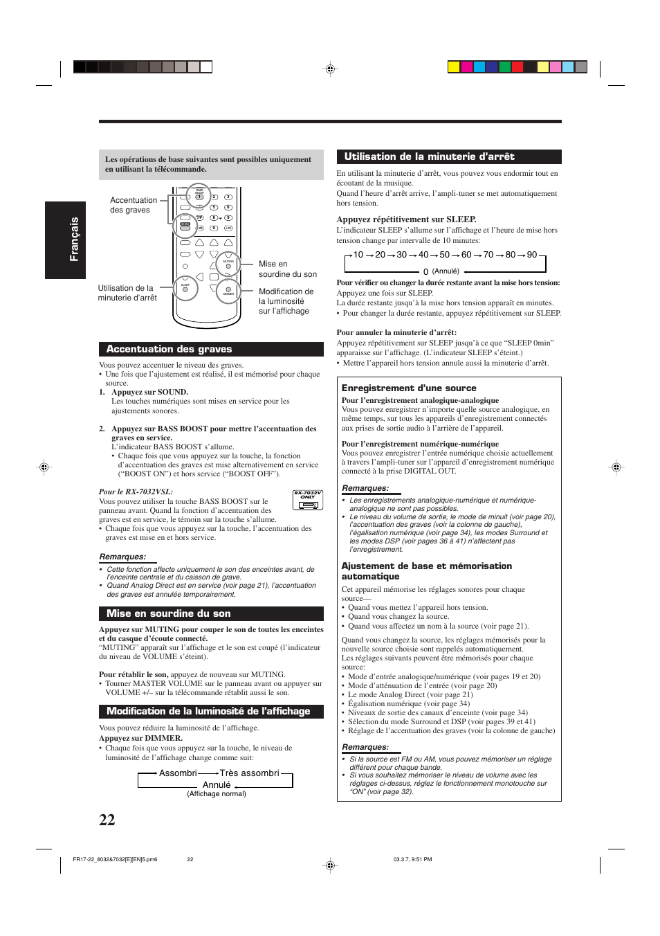 Fran ç ais, Accentuation des graves, Mise en sourdine du son | Modification de la luminosité de l’affichage, Utilisation de la minuterie d’arrêt | JVC RX-8032VSL User Manual | Page 77 / 160