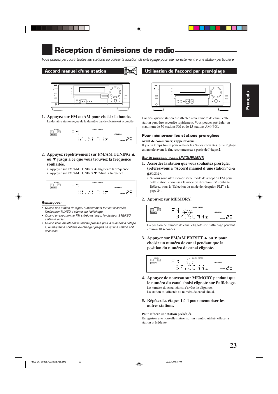 Réception d’émissions de radio, Fran ç ais, Utilisation de l’accord par préréglage | Pour mémoriser les stations préréglées | JVC RX-8032VSL User Manual | Page 78 / 160