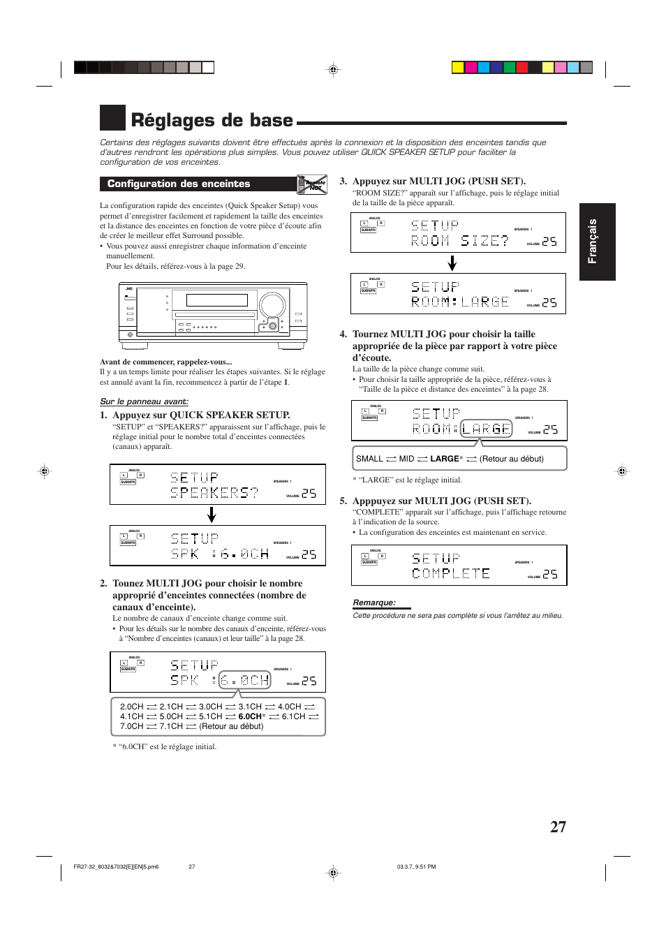 Réglages de base, Fran ç ais, Configuration des enceintes | Appuyez sur quick speaker setup, Appuyez sur multi jog (push set), Apppuyez sur multi jog (push set), Sur le panneau avant, Remarque | JVC RX-8032VSL User Manual | Page 82 / 160
