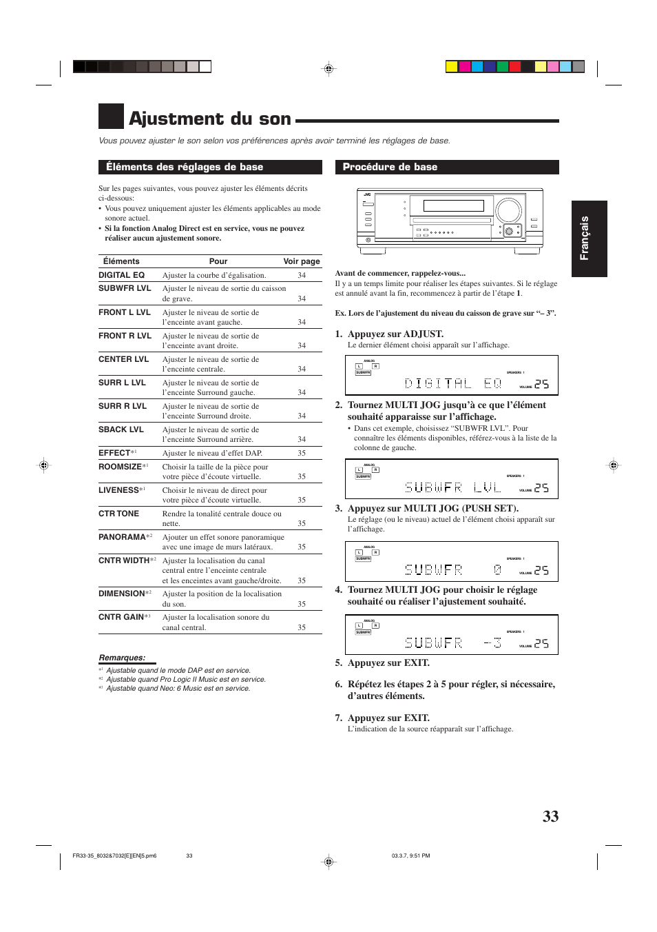 Ajustment du son, Fran ç ais, Procédure de base | Appuyez sur adjust, Appuyez sur multi jog (push set), Éléments des réglages de base | JVC RX-8032VSL User Manual | Page 88 / 160