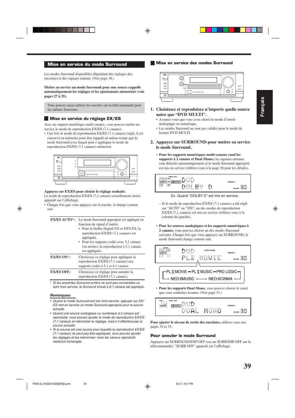 Fran ç ais, Mise en service du mode surround, Mise en service du réglage ex/es | Mise en service des modes surround, Pour annuler le mode surround, Neo:6cinma neo:6music pl, Movie pl, Music pro logic | JVC RX-8032VSL User Manual | Page 94 / 160