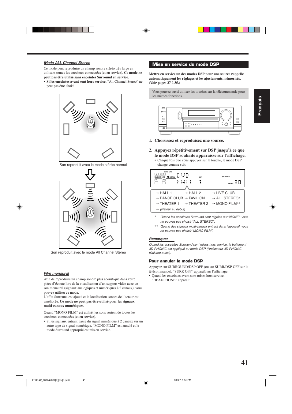 Fran ç ais, Mise en service du mode dsp | JVC RX-8032VSL User Manual | Page 96 / 160