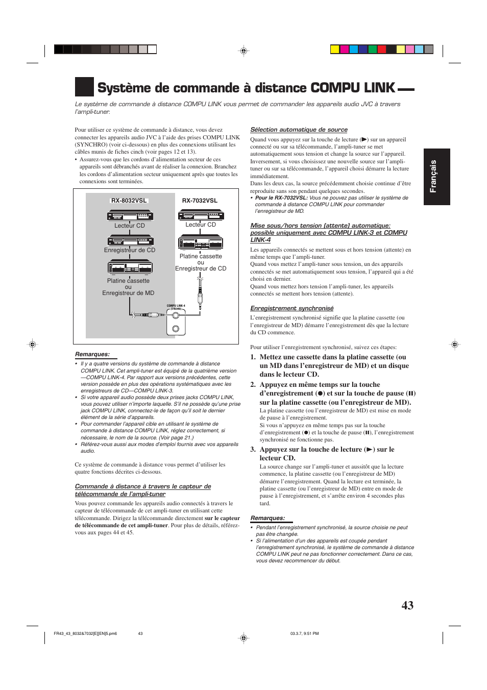 Système de commande à distance compu link, Fran ç ais | JVC RX-8032VSL User Manual | Page 98 / 160