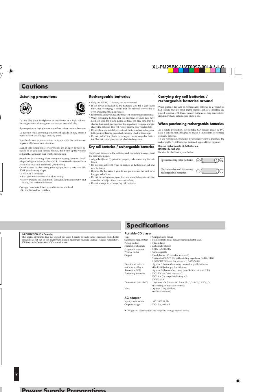 Cautions, Specifications, Power supply preparations | Listening precautions, Rechargeable batteries, Dry cell batteries / rechargeable batteries, When purchasing rechargeable batteries | JVC XL-PM25BKC User Manual | Page 2 / 8