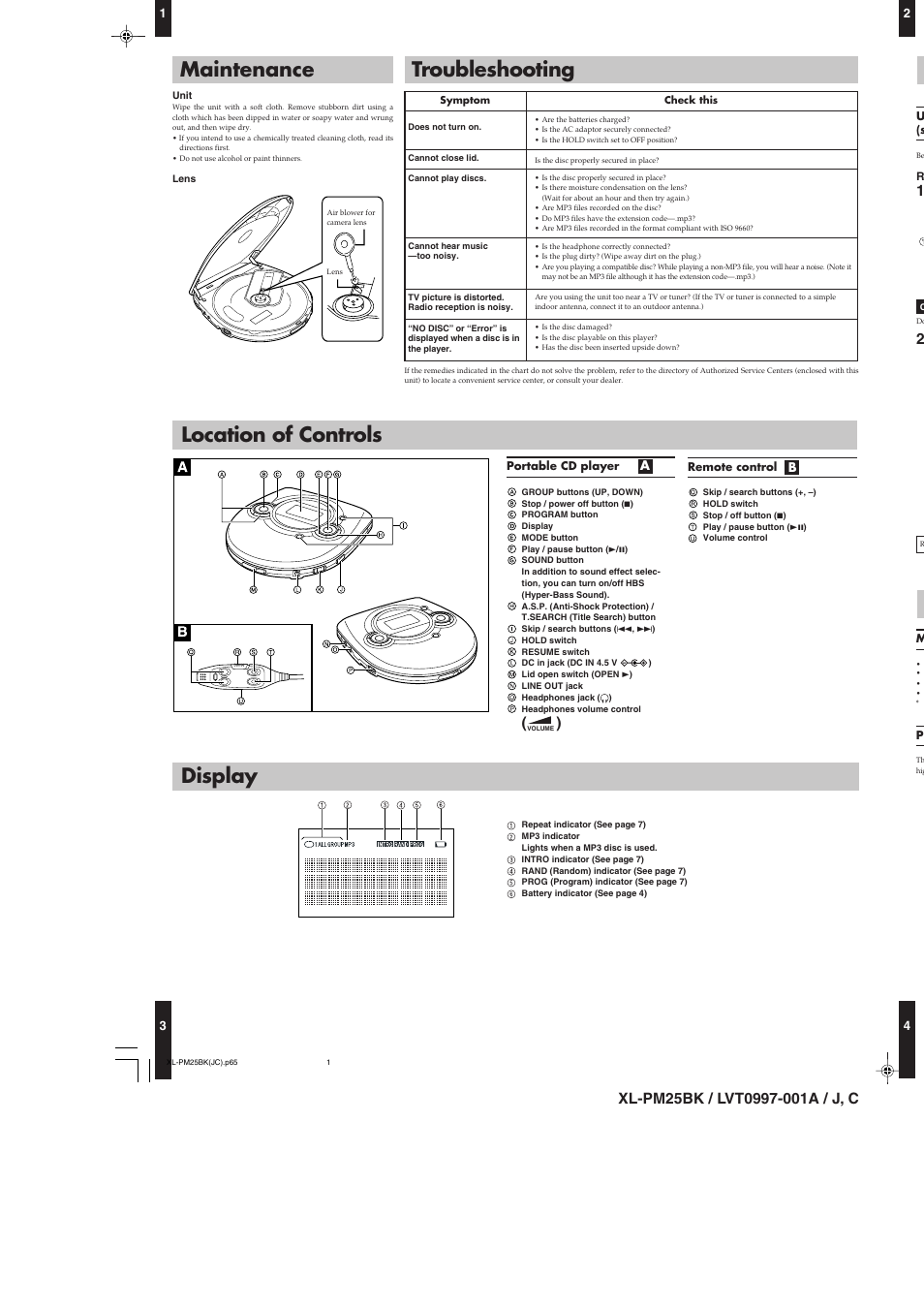 Maintenance, Troubleshooting, Location of controls | Display | JVC XL-PM25BKC User Manual | Page 3 / 8