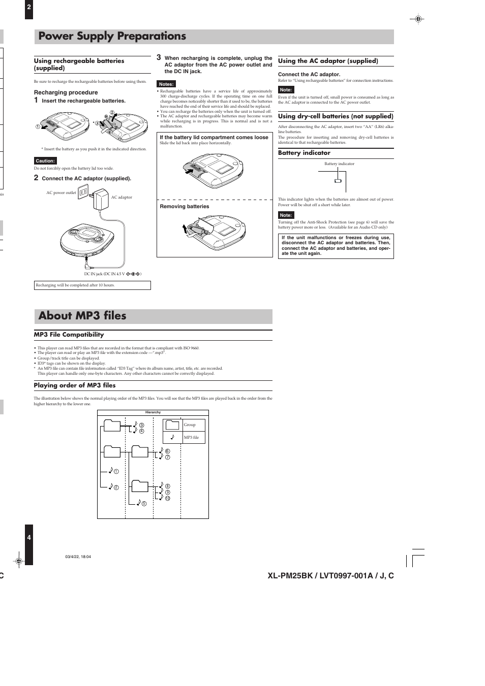 Power supply preparations, About mp3 files | JVC XL-PM25BKC User Manual | Page 4 / 8