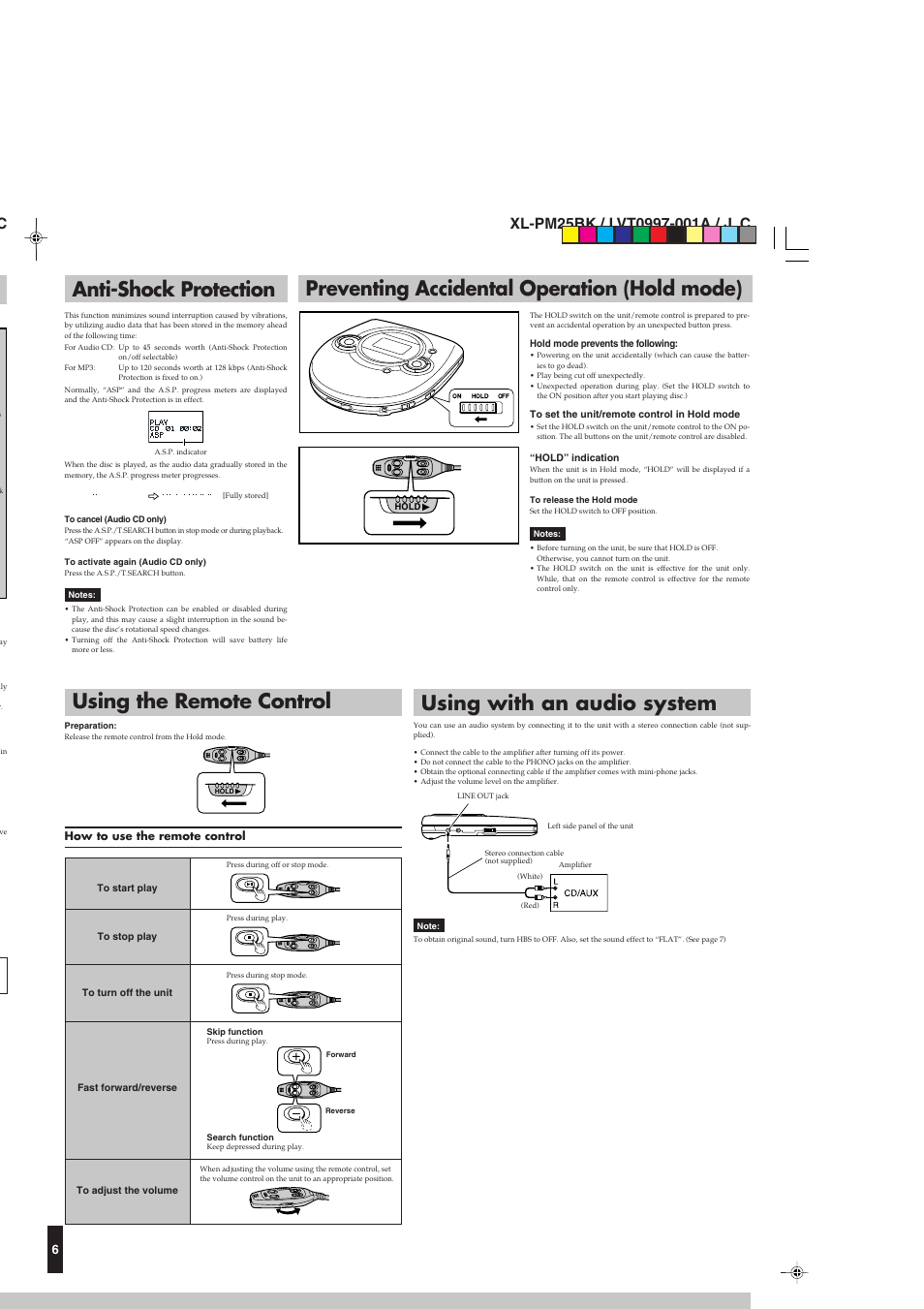 Anti-shock protection, Preventing accidental operation (hold mode), Using the remote control | Using with an audio system | JVC XL-PM25BKC User Manual | Page 6 / 8