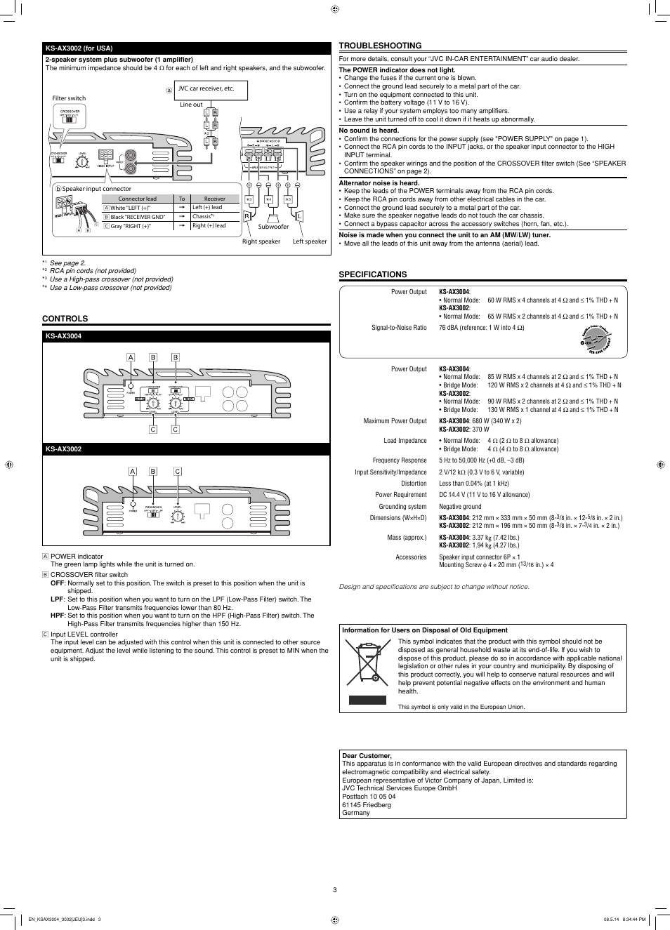 Controls, Troubleshooting, Specifications | JVC KS-AX3004 User Manual | Page 3 / 3