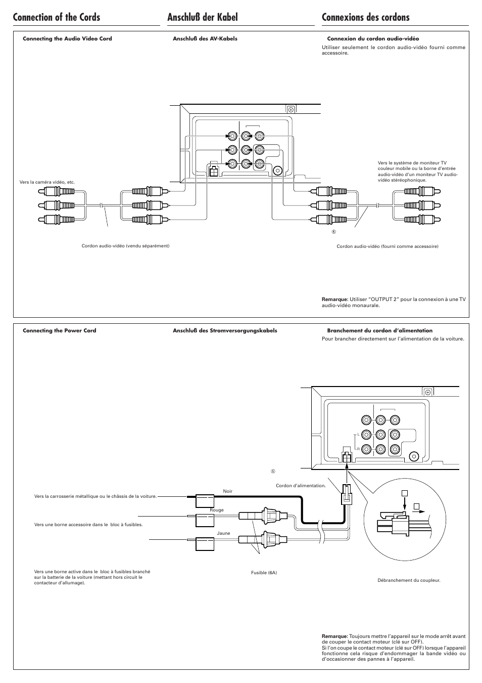 Connection of the cords, Anschluß der kabel, Connexions des cordons | JVC KV-V10 User Manual | Page 3 / 4