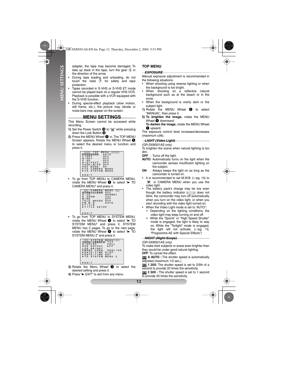 Menu settings, Top menu | JVC 1204YDR-NF-VM User Manual | Page 12 / 24