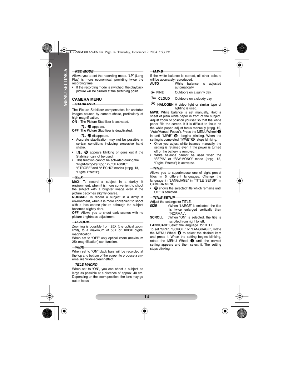 Menu settings | JVC 1204YDR-NF-VM User Manual | Page 14 / 24