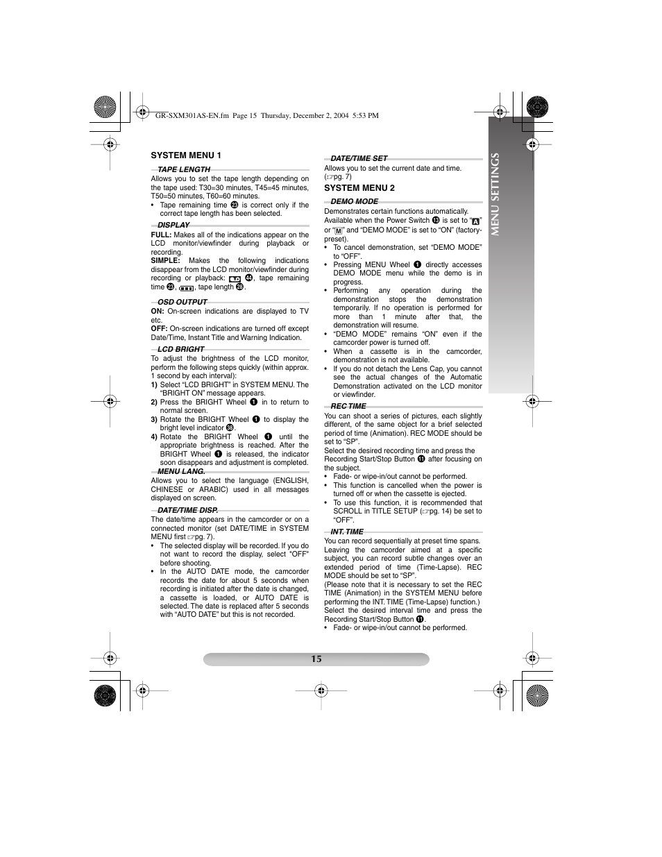 Menu settings | JVC 1204YDR-NF-VM User Manual | Page 15 / 24