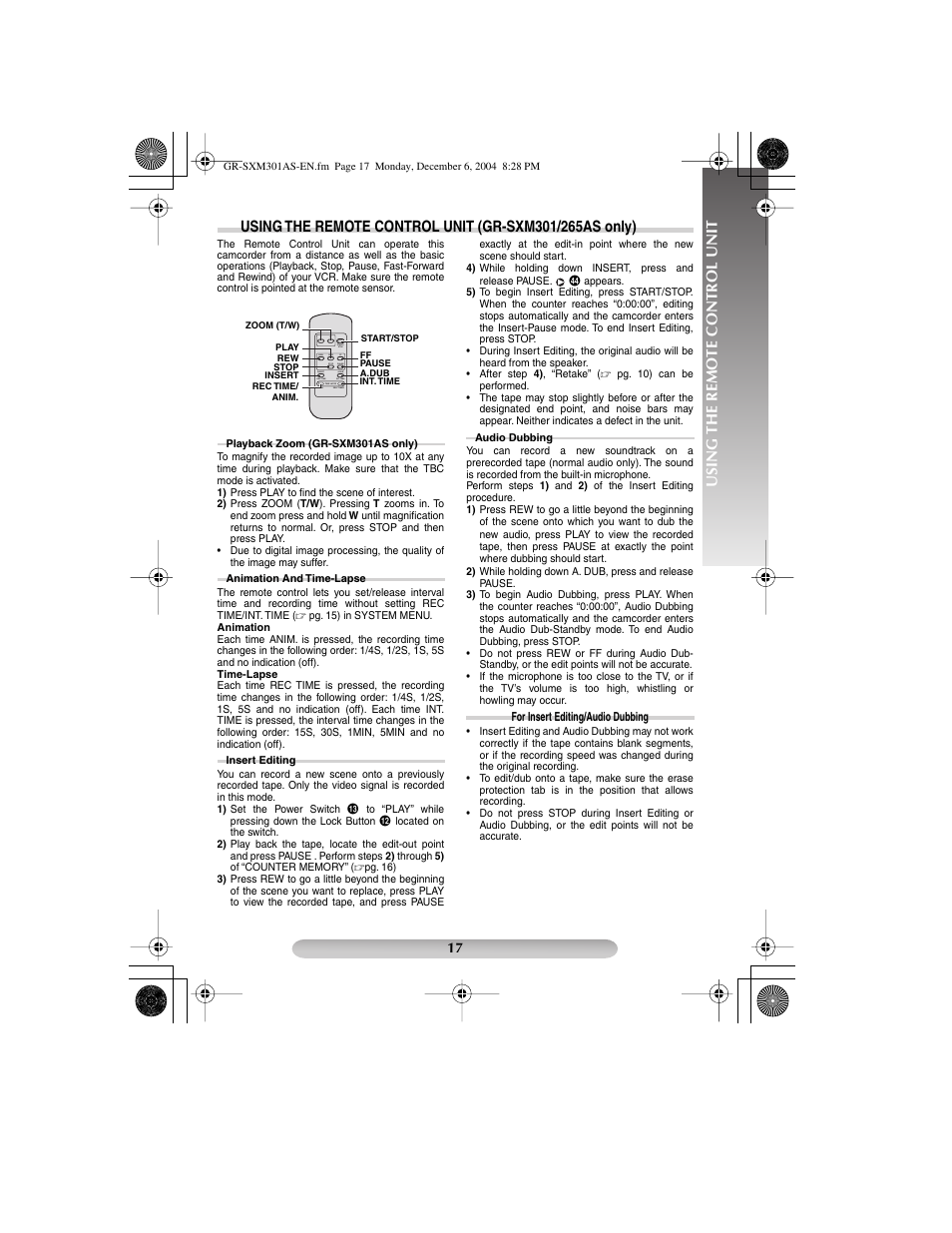 Using the remote control unit | JVC 1204YDR-NF-VM User Manual | Page 17 / 24