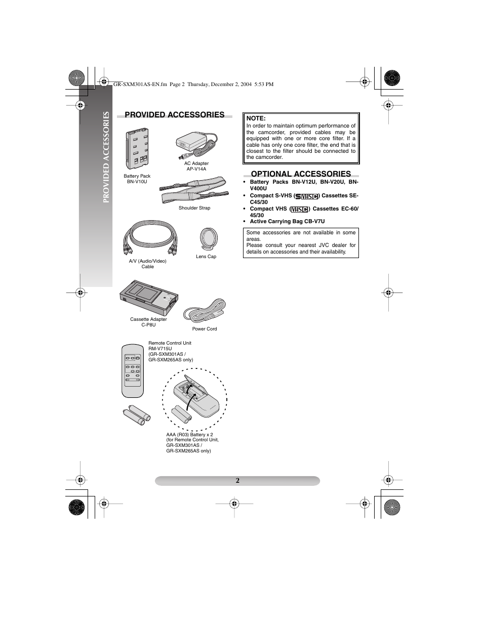 Provided accessories, Optional accessories | JVC 1204YDR-NF-VM User Manual | Page 2 / 24