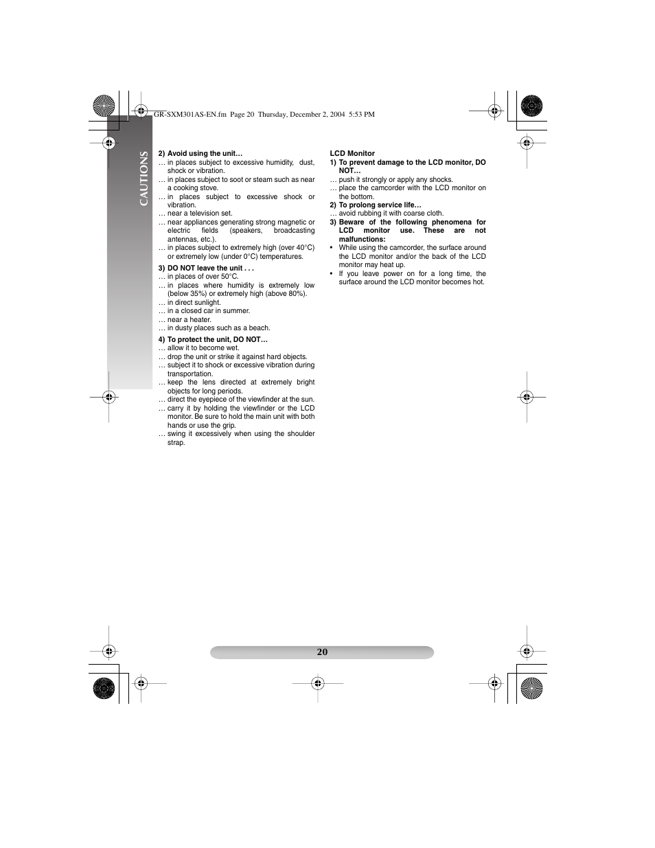 Cautions | JVC 1204YDR-NF-VM User Manual | Page 20 / 24
