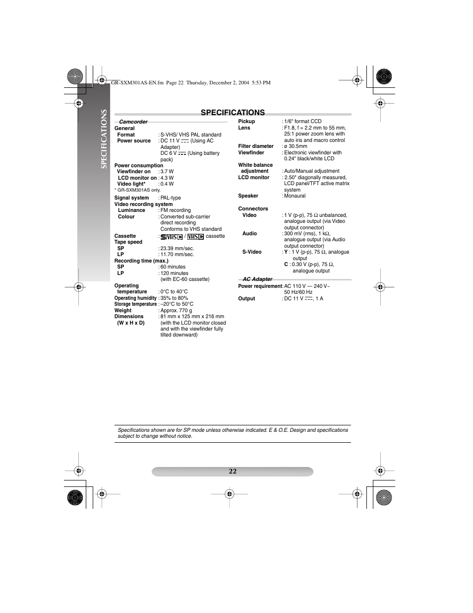 Specifications | JVC 1204YDR-NF-VM User Manual | Page 22 / 24