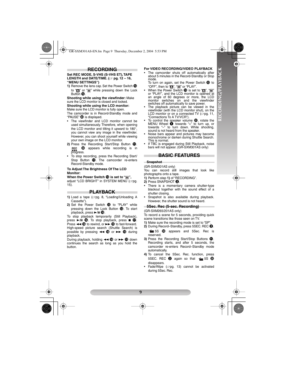 Recording/playback, Recording playback basic features | JVC 1204YDR-NF-VM User Manual | Page 9 / 24
