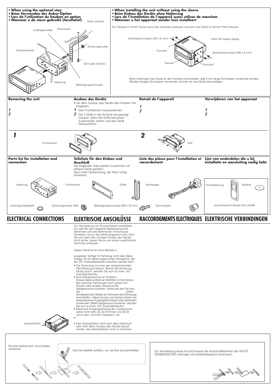Electrical connections, Elektrische anschlusse, Raccordementselectriques | Elektrische verbindingen, Elektrische anschlüsse, Raccordements electriques | JVC KD-LX333R  EN User Manual | Page 2 / 4